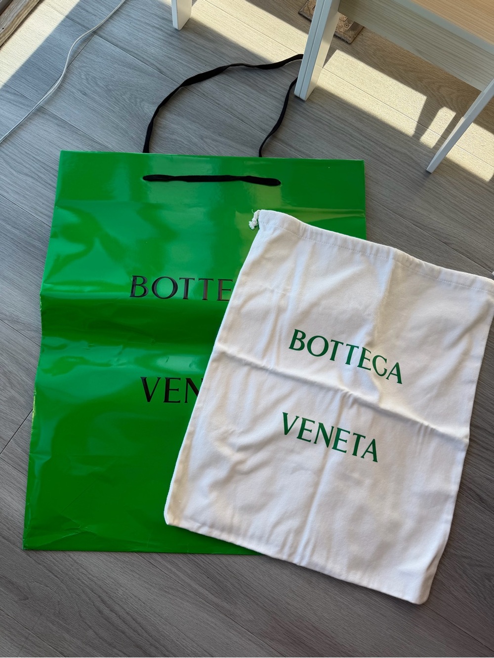 Bottega Veneta White and Green Logo Dust Bag and Shopping Bag